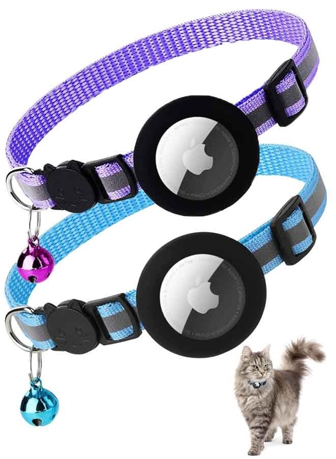 طوقان للقطط مزودان بحامل علامة Airtag من Apple وجرس، قابلان للفك، مناسبان للكلاب والقطط، طوق عاكس للضوء للقطط الصغيرة، عرضه 0.4 بوصة وخفيف الوزن (أزرق + بنفسجي) - Image 1